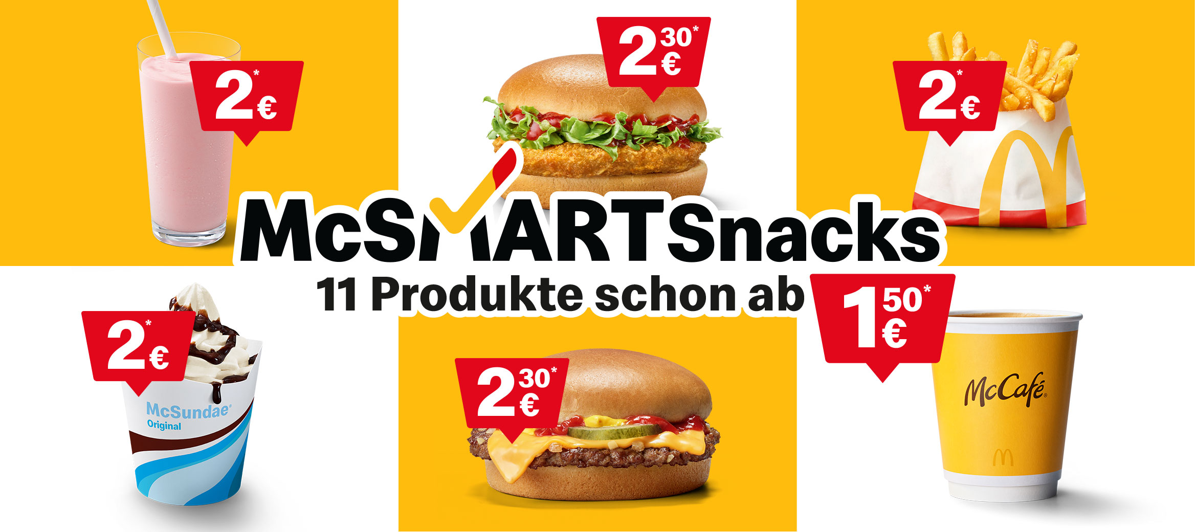 Bild zeigt eine kleine Auswahl der McSmart Snacks. Zum Beispiel die Pommes frites small und den Cheeseburger.