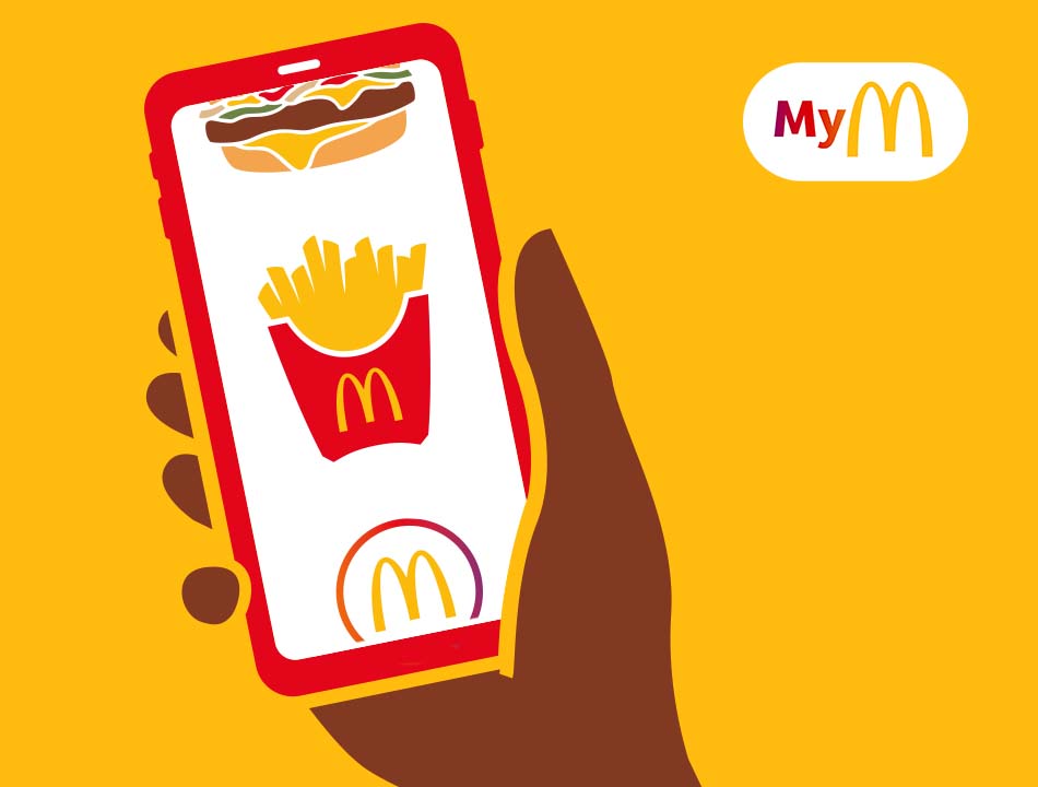 Der M® ist abgebildet, daneben der Aktionspreis: Nur 5 €. Ein animiertes Smartphone ist am Bildrand zu sehen und hat die McDonald’s App geöffnet.