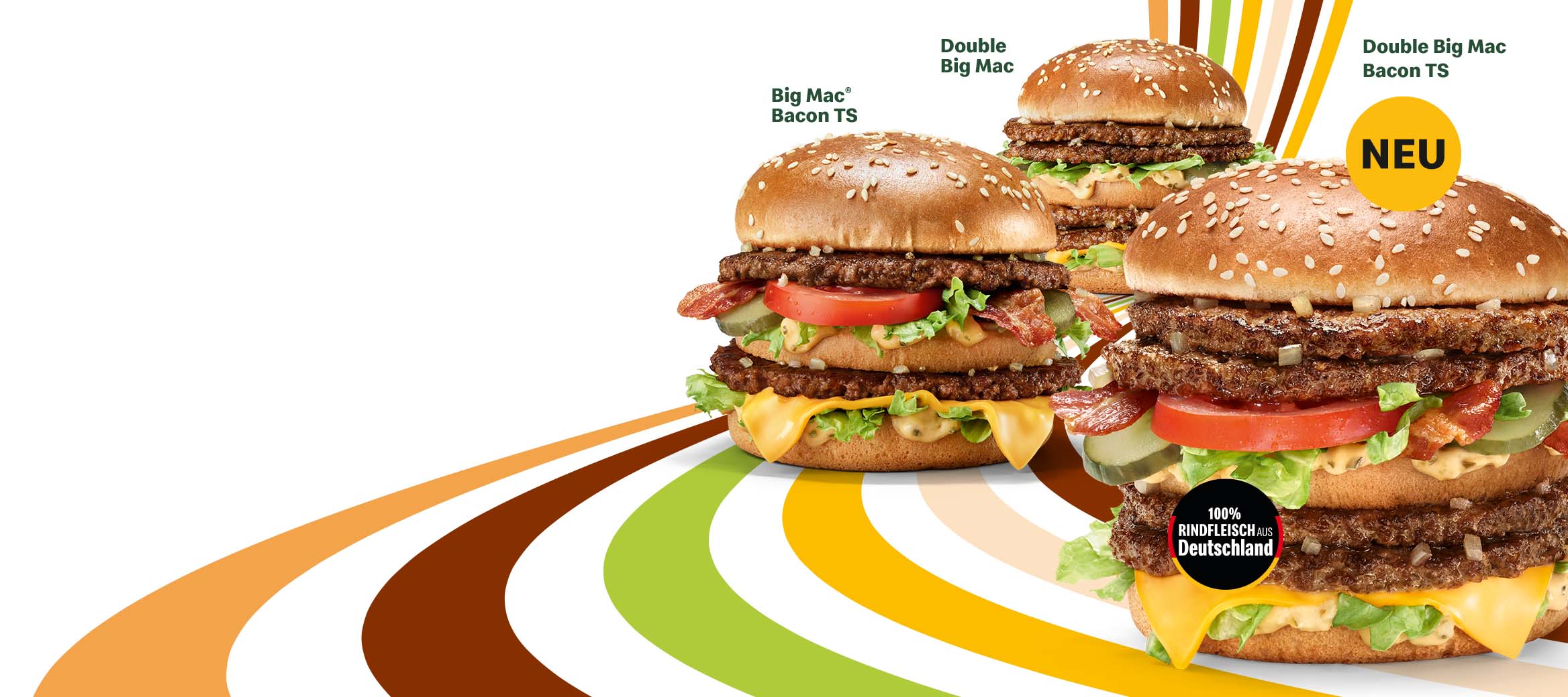 Der Double Big Mac, Big Mac® Bacon TS und Double Big Mac Bacon TS sind zu sehen. Ein Hinweis mit „100% Rindfleisch aus Deutschland“ ist abgebildet.