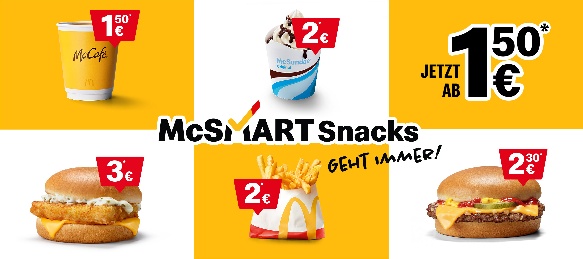 Bild zeigt eine kleine Auswahl der McSmart Snacks. Genauer den Café small, den McSundae, den Filet-o-Fish, die Pommes frites small und den Cheeseburger.