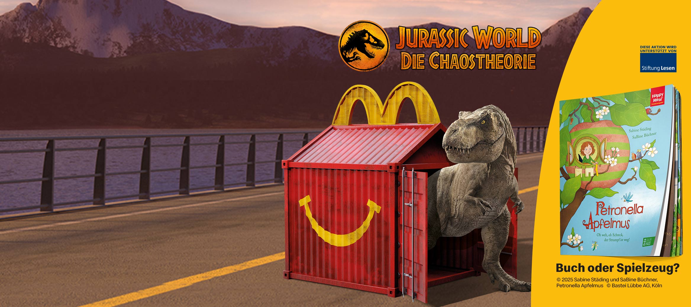 Wir sehen T Rex aus Jurassic World und das Spendenbuch Petronella Apfelmus