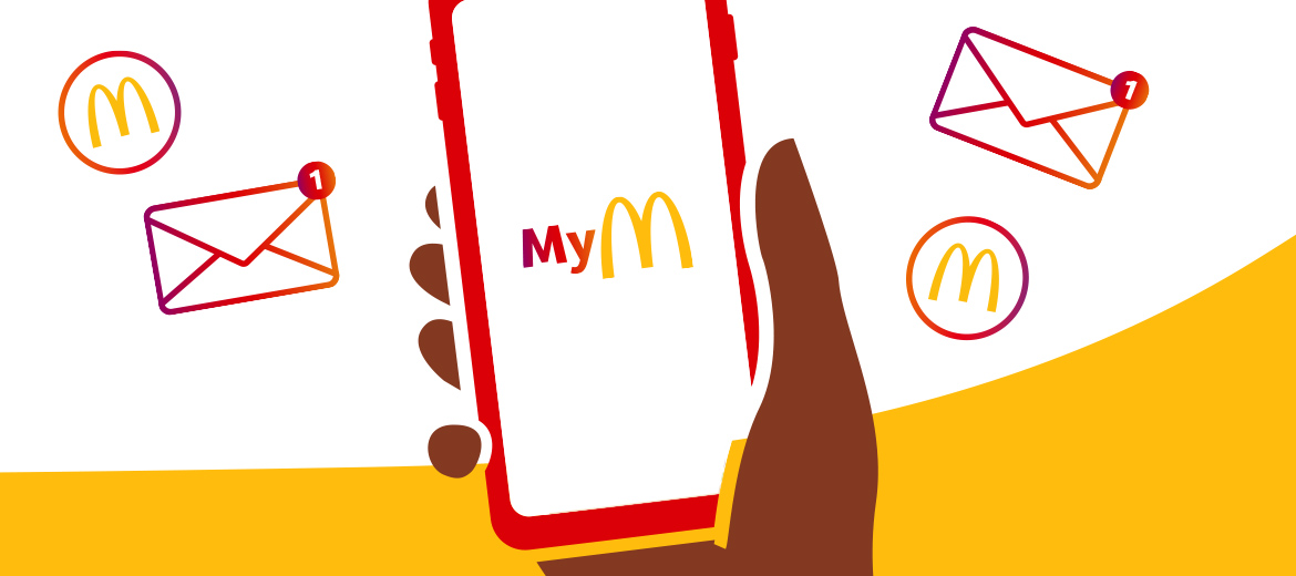 Illustrierte Hand mit Smartphone und geöffneter McDonald’s App.