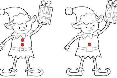 Two elves holding a present.