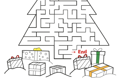 A maze in the shape of a tree with presents and snow.