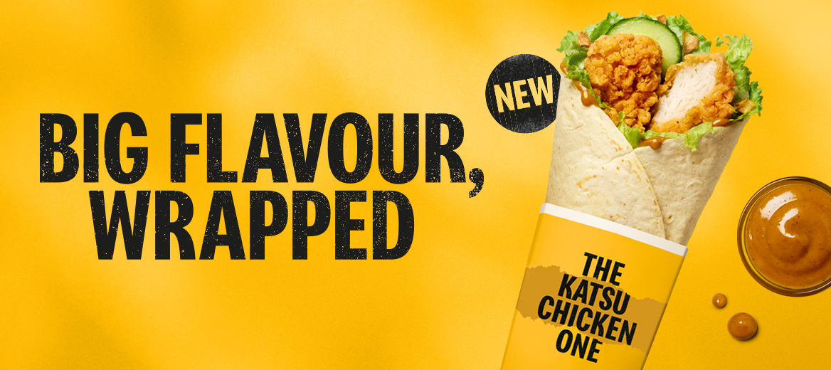 The Katsu Chicken wrap on a yellow background with bold black text that reads Big Flavour Wrapped