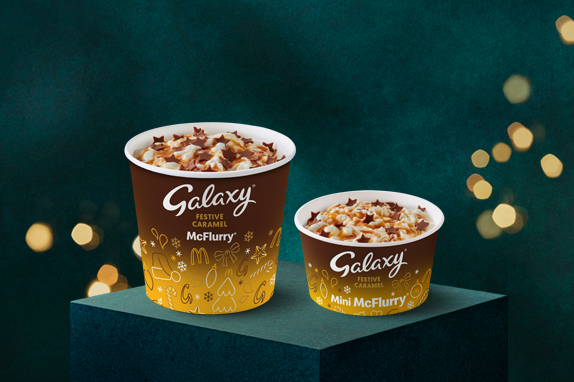 Galaxy® Caramel McFlurry® on a yellow shelf 