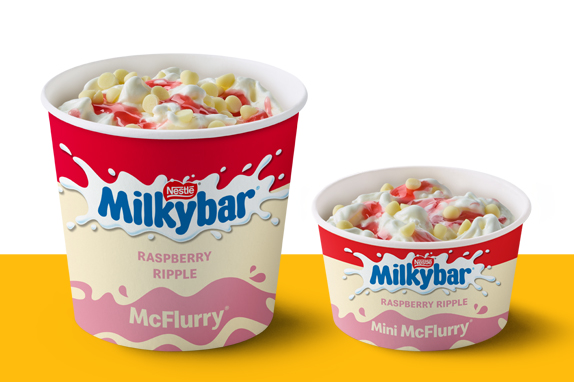 Milkybar® Raspberry Ripple McFlurry® on a yellow shelf
