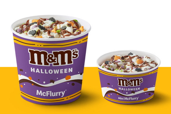 Halloween M&M's McFlurry® on a yellow shelf 