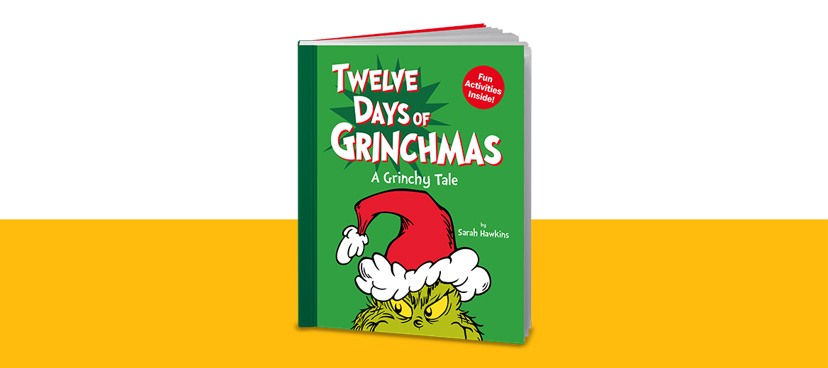 The Twelve Days of Grinchmas on a yellow shelf