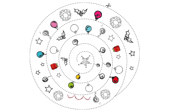 An outline of Christmas / festive ornaments within a spiral on a white background