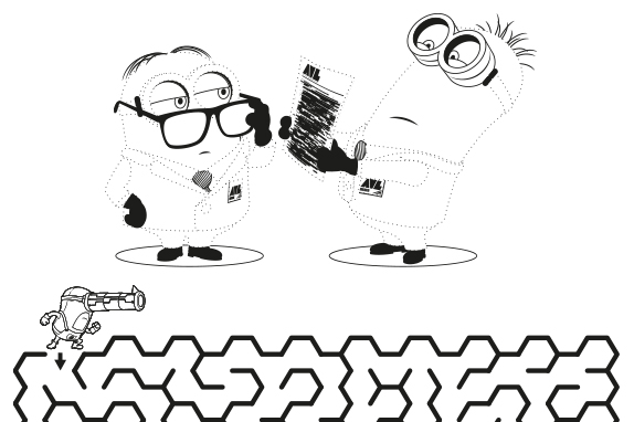 A black and white outline of the Minion characters with a maze 