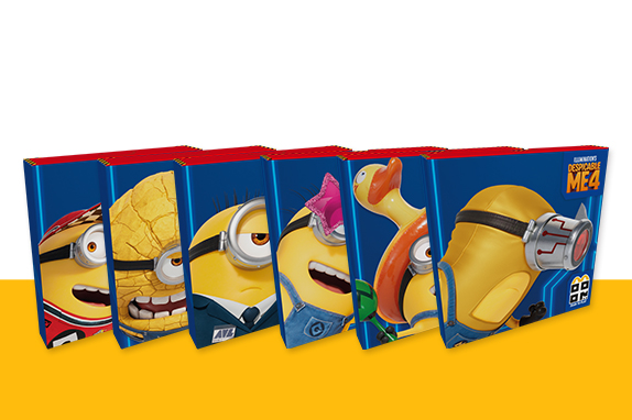 The Minions characters on stickers on a yellow shelf