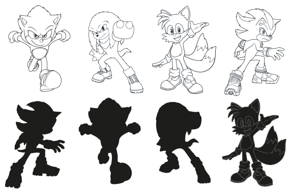 Sonic, Tails, Knuckles and Shadow outlined in black on top on Sonic, Tails, Knuckles and Shadow in black on a white background