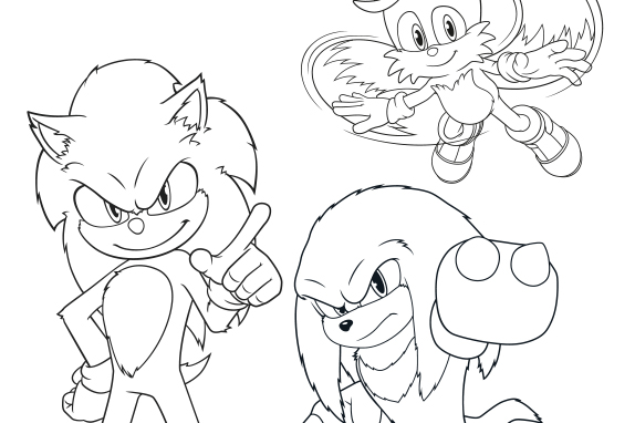 Sonic, Tails and Shadow outlined in black on a white background