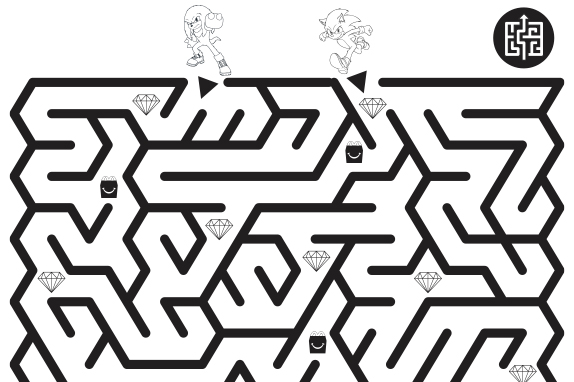 Black maze on a white background with gems inside the maze with Sonic and Knuckles in the top centre of the maze.