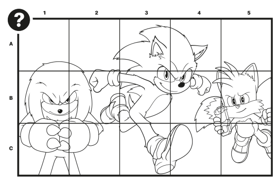 Sonic, Tails and Shadow on a white background in a box with lines going both vertically and horizontally across.