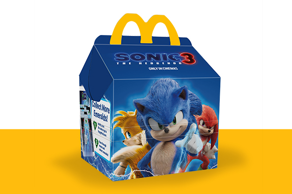 Sonic 3 Happy Meal box with Sonic, Knuckles and Tails characters on the front of a dark blue background.