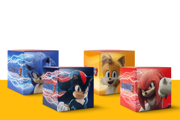 Sonic, Knuckles, Tails and Shadow on 3D boxes on a yellow shelf