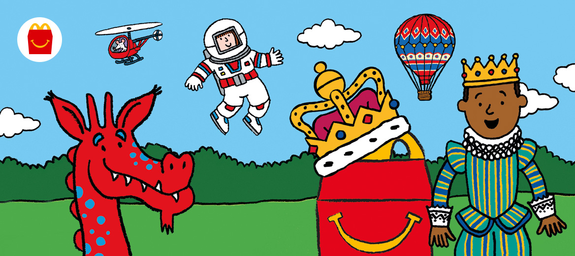 Sky blue background, with green grass and bushes with Happy Meal box with a crown with 2 characters, a helicopter and a hot air balloon 