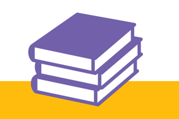 Stack of purple books on a yellow shelf