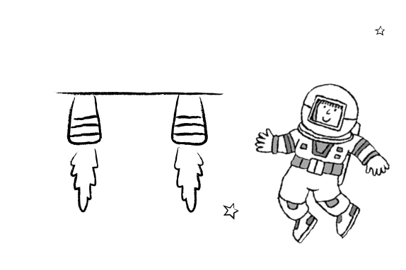 Outline of an astronaut with ship thrusters next to the astronaut on a white background