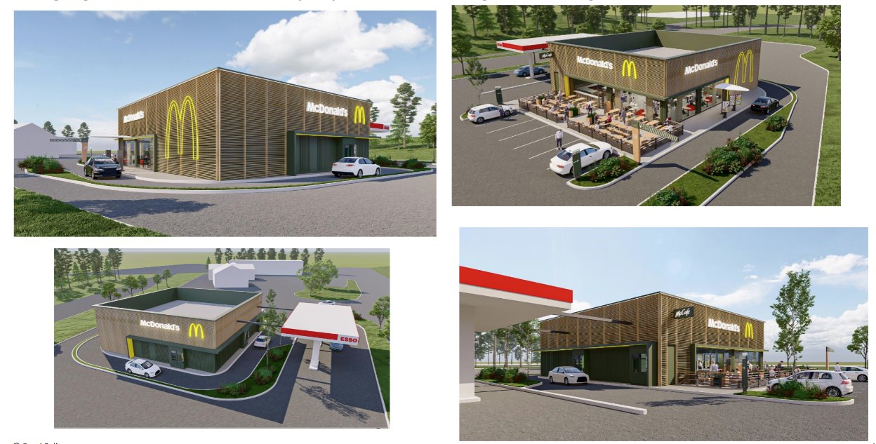 Fire perspektivbilder av et McDonald's-restaurantkonsept med moderne, trekledde fasader og store McDonald's-logoer. Bildene viser bygningen fra ulike vinkler, inkludert en uteservering, en tilknyttet bensinstasjon fra Esso, parkeringsplasser og drive-thru. Omgivelsene består av grønne trær og et åpent landskap. Illustrasjoner.