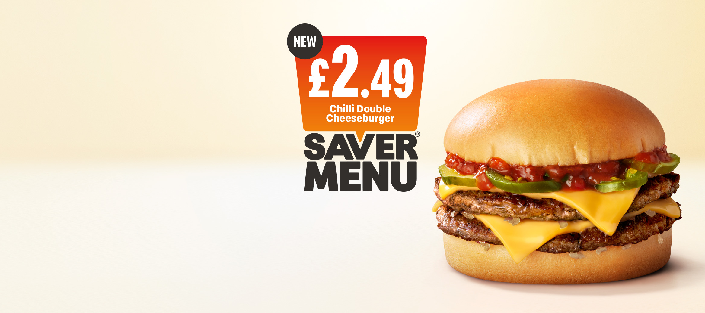 Chilli Double Cheeseburger on off white background with the £2.49 price in a red box.