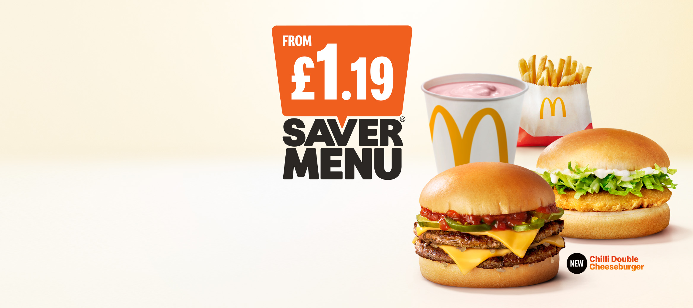 Chilli Double Cheeseburger on off white background with the £2.49 price in a red box.