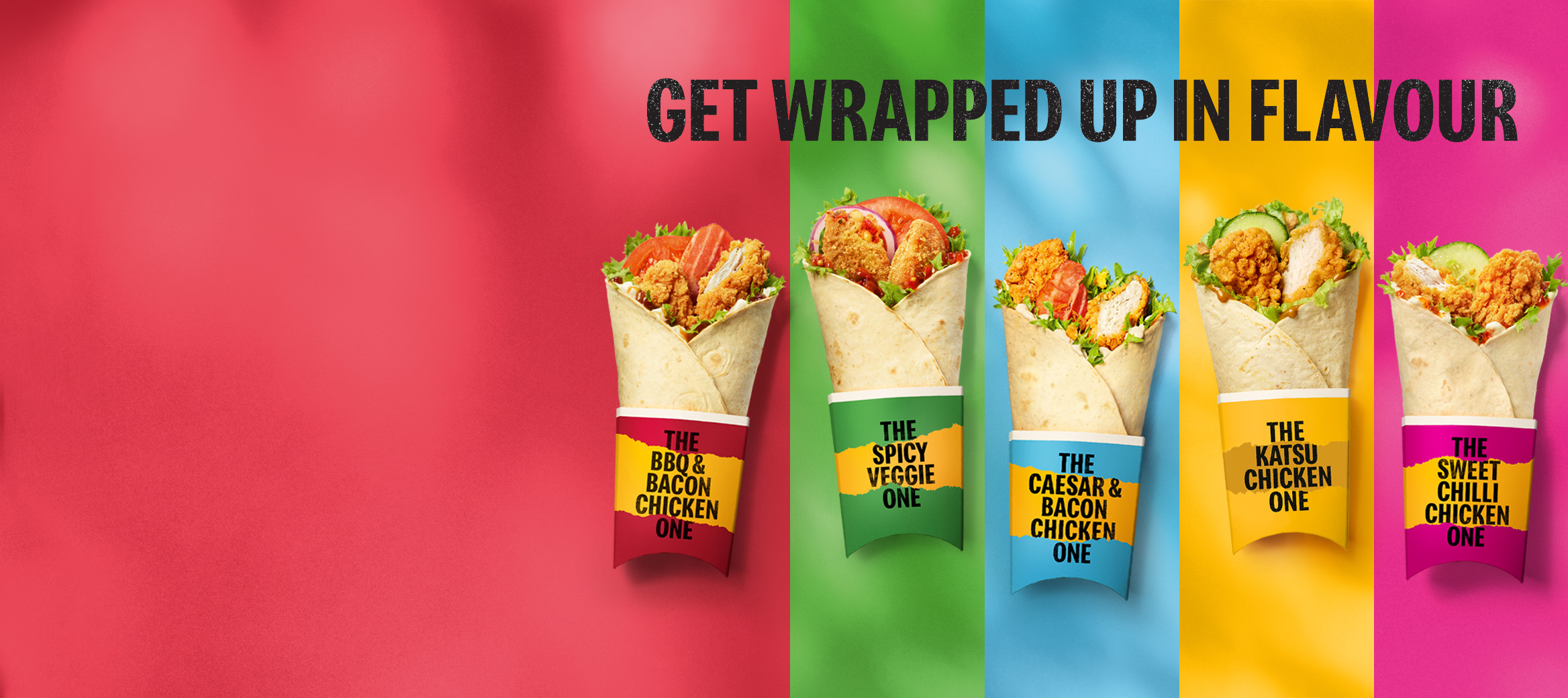 Five wraps on a multi-coloured background.