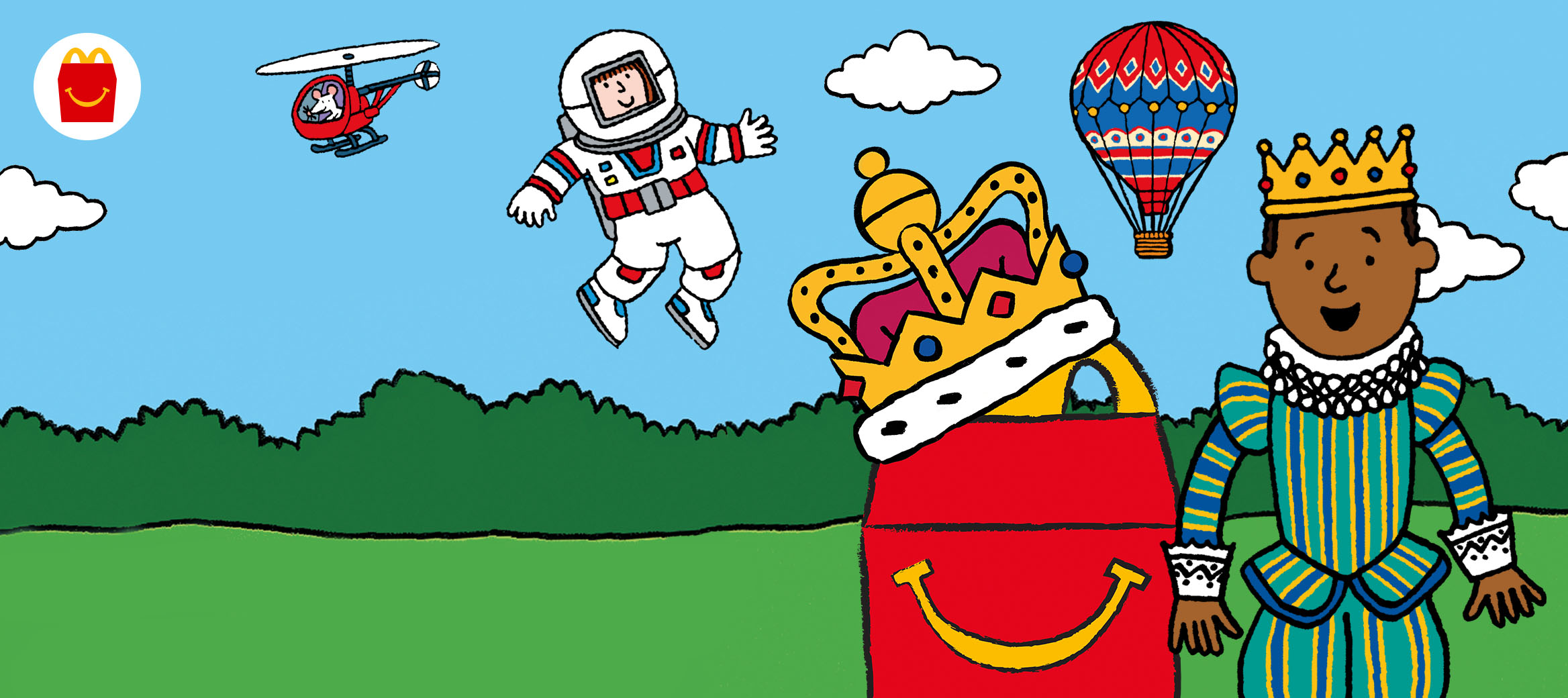 Sky blue background, with green grass and bushes with Happy Meal box with a crown with 2 characters, a helicopter and a hot air balloon