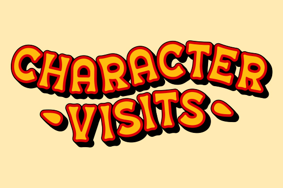 Character visits text in red on a pale-yellow background