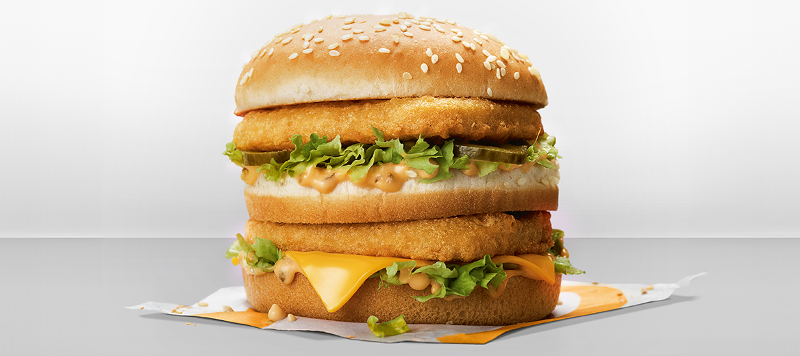 Chicken Big Mac on a silvery white background.