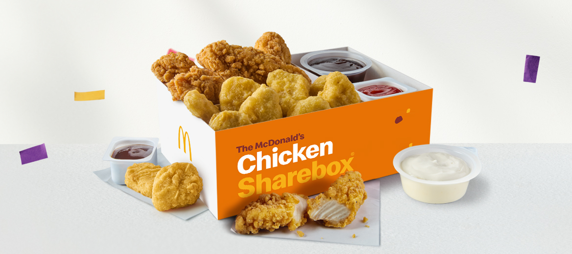 The McDonald’s Chicken Sharebox® with confetti on a silver metallic background.