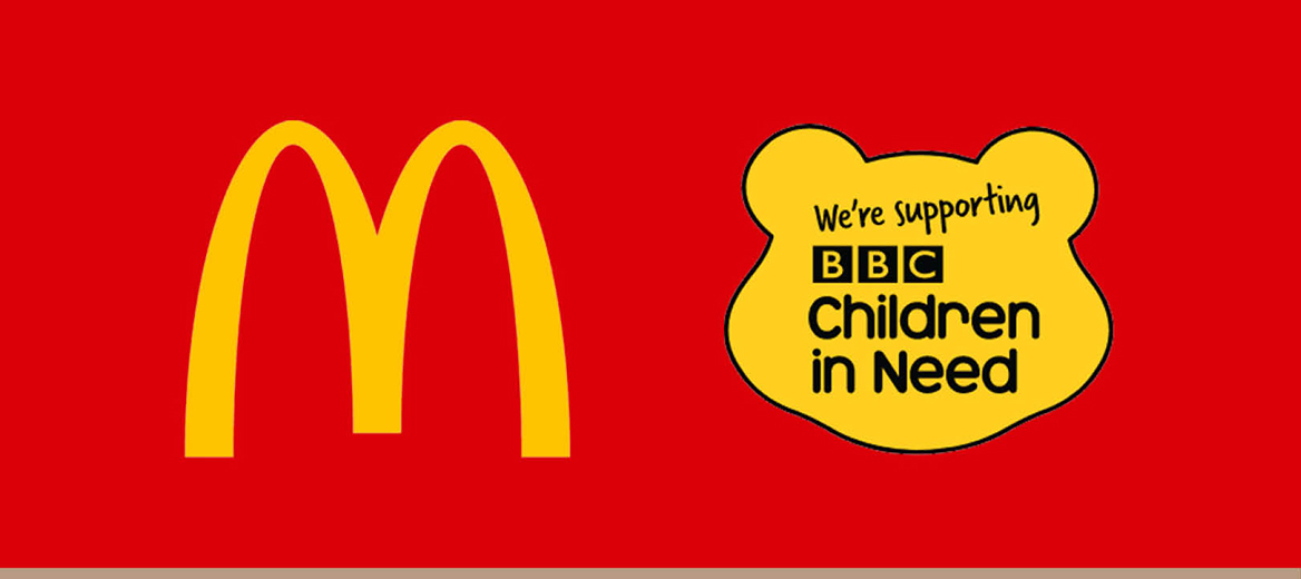 The McDonald's logo next to the Children in Need logo on a red background.