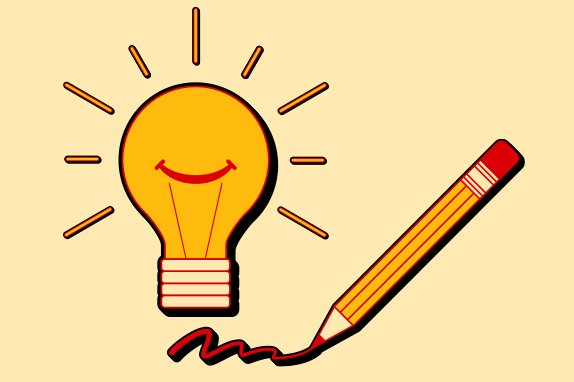  Light bulb with a pencil on a pale-yellow background