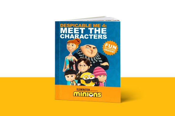 Despicable Me 4: Meet The Characters book on a yellow shelf with a blue background.