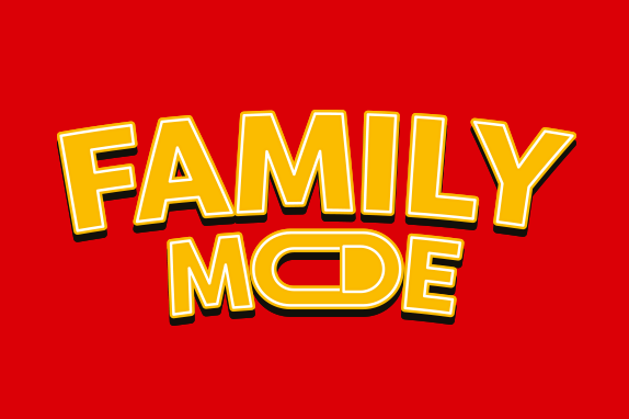 Family mode text in pale yellow on a red background