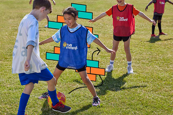 Keira Walsh and child playing football with illustrations of paint brushes and canvas.