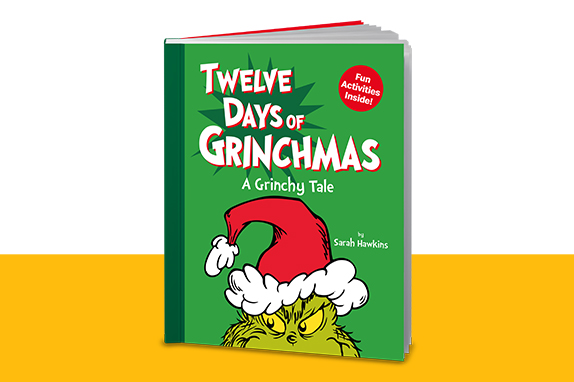 The Twelve Days of Grinchmas on a yellow shelf