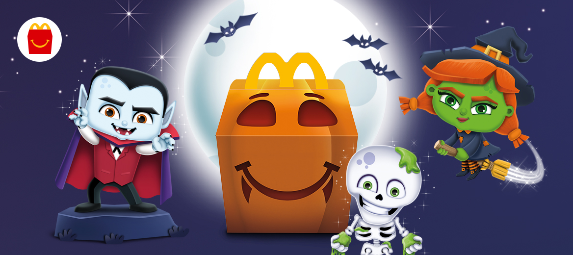 McBoo vampire, skeleton and witch with bats on a dark navy-blue background 