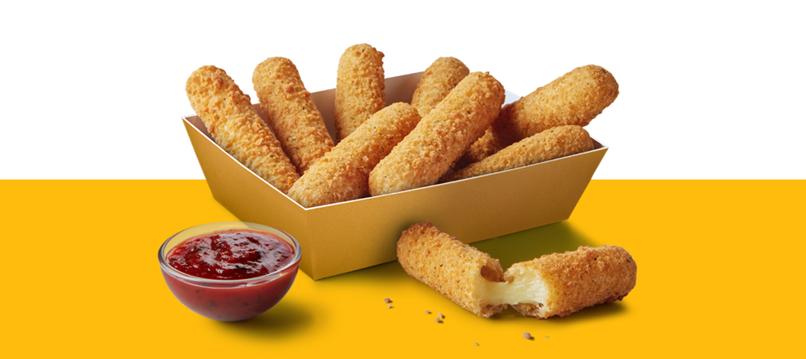 3 Mozzarella Dippers on a yellow shelf