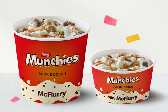 Munchies® Cookie Dough McFlurry® with confetti on a silver metallic background.