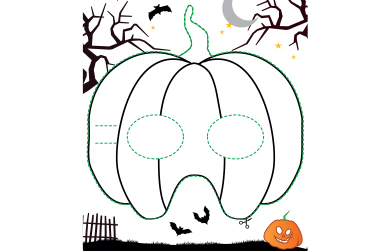 A pumpkin mask on a field with a pumpkin, bats, the Moon, and spooky trees.