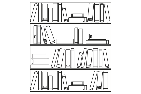 Outline of a book shelf with books on the shelf on a white background 