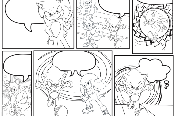 Sonic, Knuckles, and Tails outlined in black within six boxes with speech bubbles.