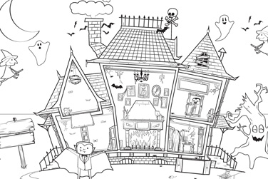 A haunted house with a vampire, a witch, a ghost, bats, pumpkins, and the Moon.