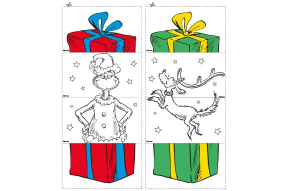 An outline of The Grinch and a deer within a Christmas gift on a white background 