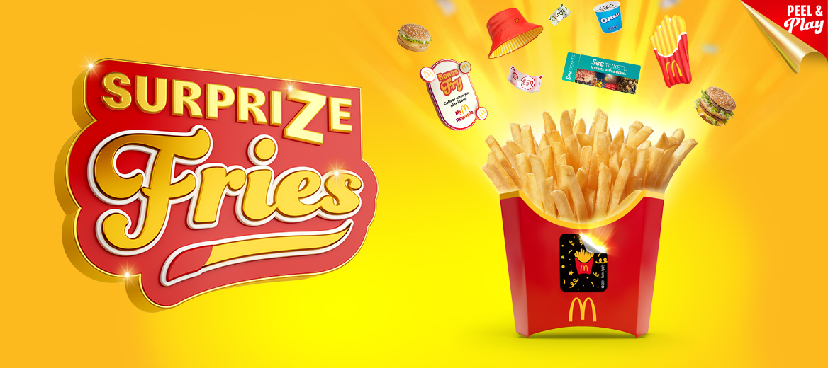 A yellow background with McDonald’s Fries with prizes at the top of the fries.