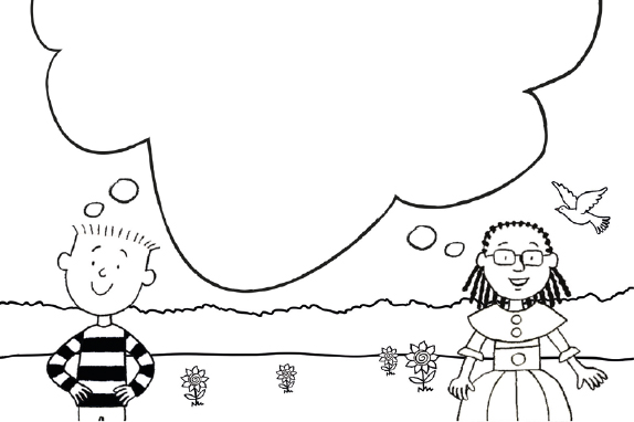 Two characters with a speech bubble above their heads with the outline of grass and flowers in the background