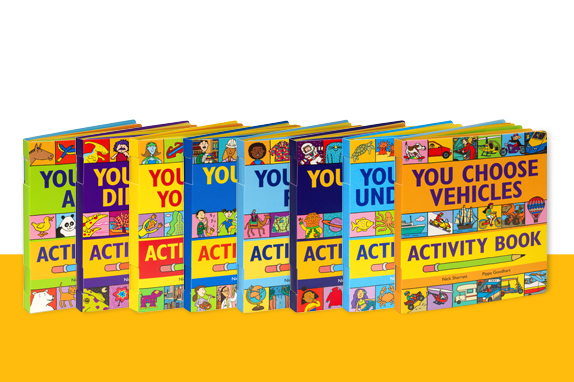 You Choose activity books, stacked on a yellow shelf